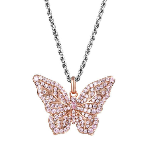 Wholesale Pendant Iced Out Cubic Zirconia Butterfly Pendant Necklace in Rose Gold for Women