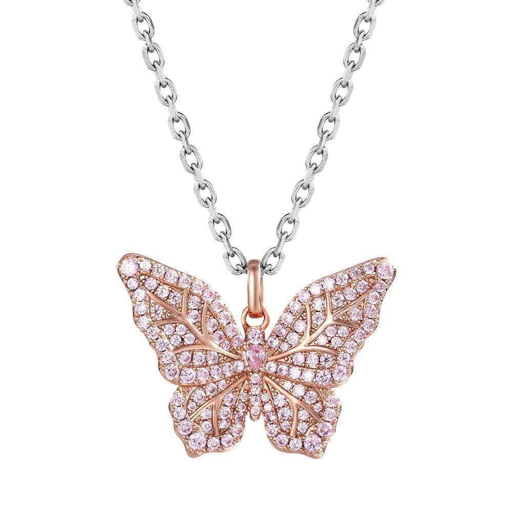 Wholesale Pendant Iced Out Cubic Zirconia Butterfly Pendant Necklace in Rose Gold for Women