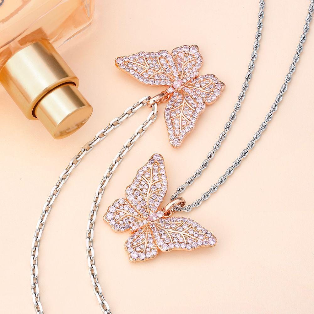 Wholesale Pendant Iced Out Cubic Zirconia Butterfly Pendant Necklace in Rose Gold for Women