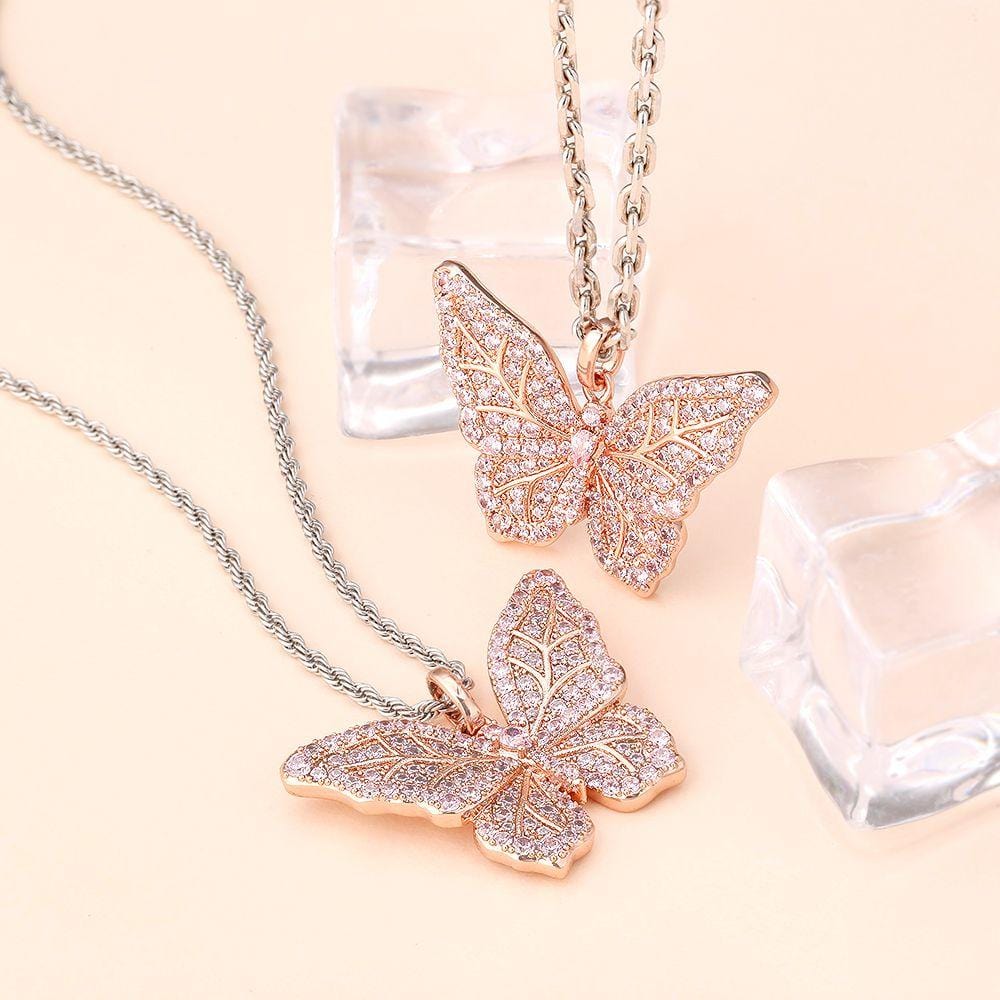 Wholesale Pendant Iced Out Cubic Zirconia Butterfly Pendant Necklace in Rose Gold for Women