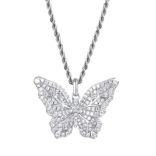 Wholesale Pendant Iced Out Cubic Zirconia Butterfly Pendant Necklace in White Gold for Women