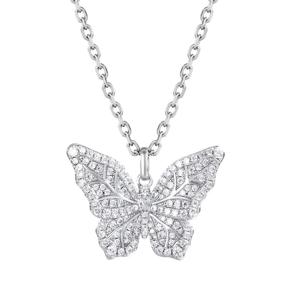 Wholesale Pendant Iced Out Cubic Zirconia Butterfly Pendant Necklace in White Gold for Women