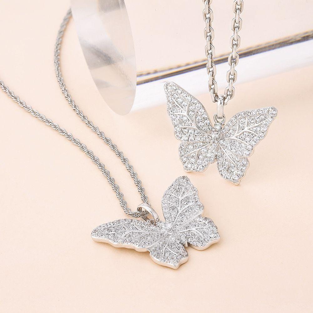 Wholesale Pendant Iced Out Cubic Zirconia Butterfly Pendant Necklace in White Gold for Women