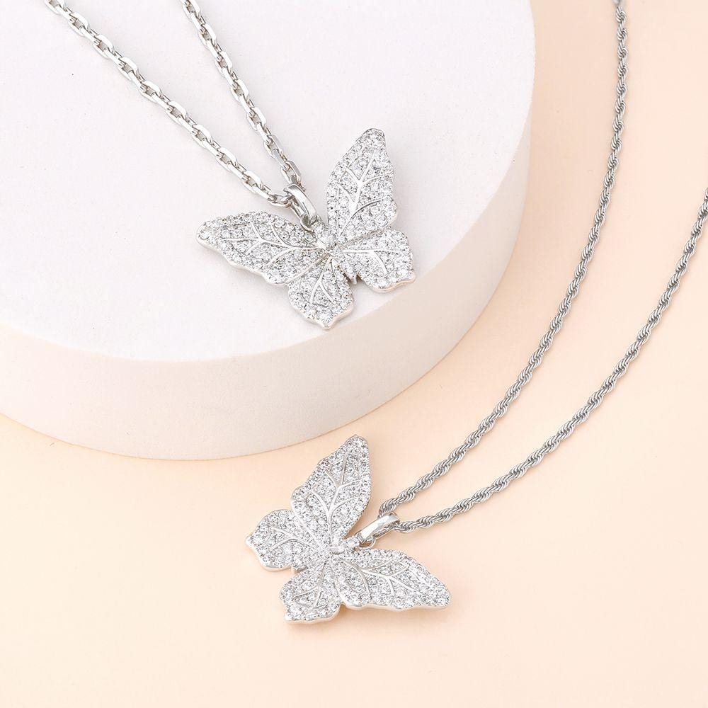 Wholesale Pendant Iced Out Cubic Zirconia Butterfly Pendant Necklace in White Gold for Women