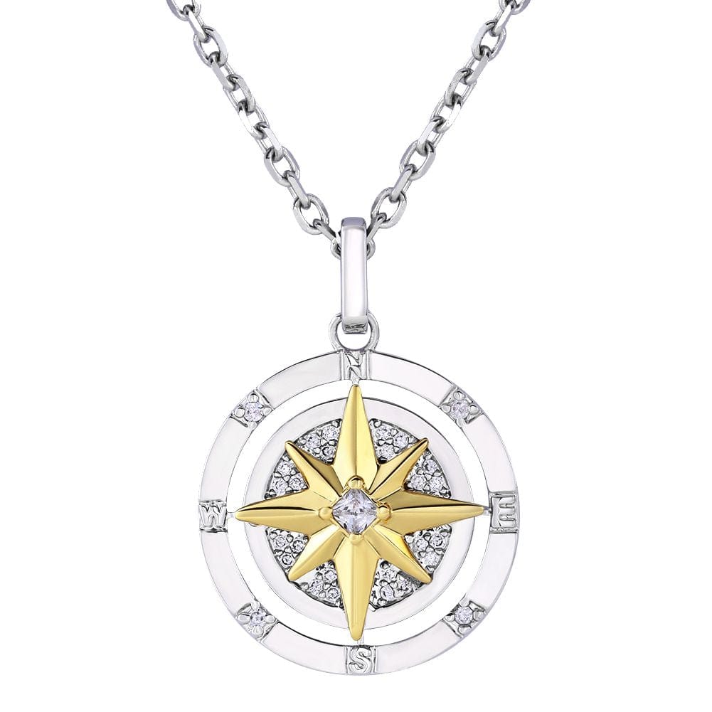 KRKC Iced Out Compass Pendant Necklace in White Gold/14K Gold/Rose Gold