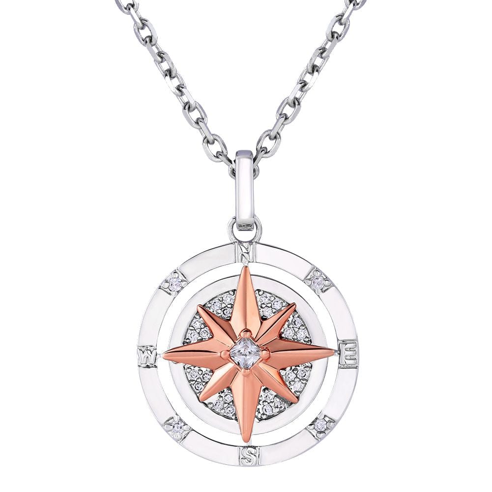 KRKC Iced Out Compass Pendant Necklace in White Gold/14K Gold/Rose Gold