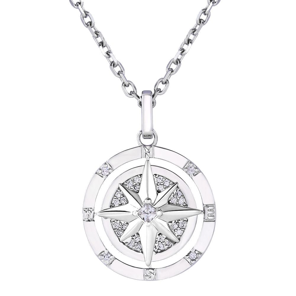 KRKC Iced Out Compass Pendant Necklace in White Gold/14K Gold/Rose Gold