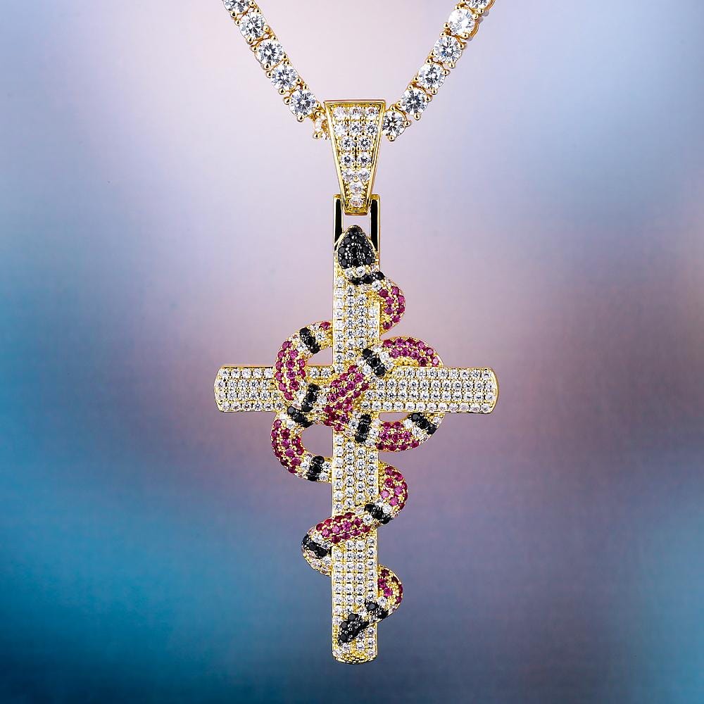 KRKC Iced Out Twisted Coral Snake Cross Necklace, 14K Gold Cross Pendant Hip Hop Jewelry Wholesale