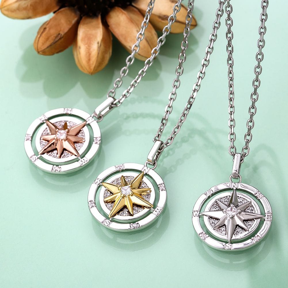 KRKC Iced Out Compass Pendant Necklace in White Gold/14K Gold/Rose Gold