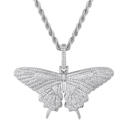 Wholesale Pendant Iced Out Cubic Zirconia Big Butterfly Pendant Necklace with 3mm Rope Chain in White Gold for Women