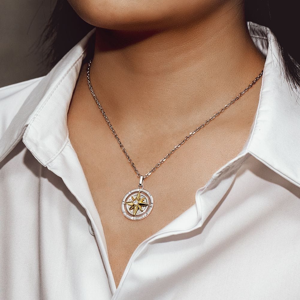 KRKC Iced Out Compass Pendant Necklace in White Gold/14K Gold/Rose Gold