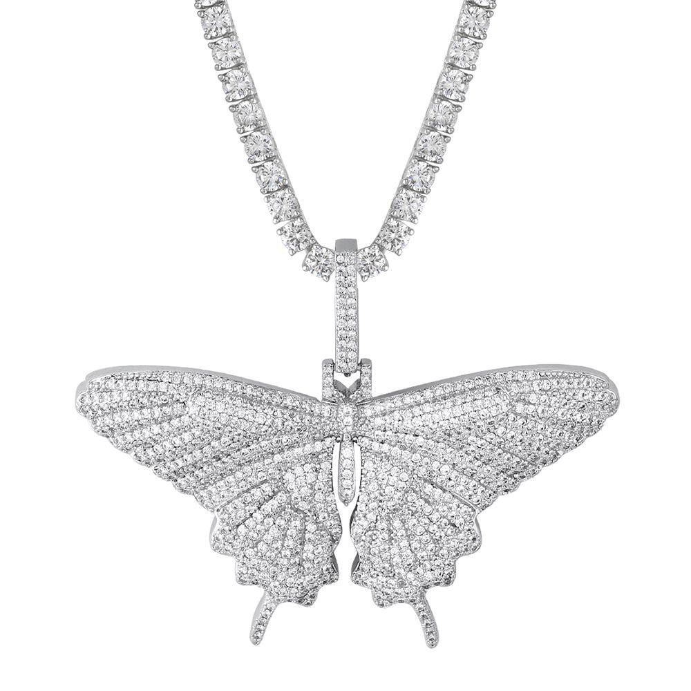 Wholesale Pendant Iced Out Cubic Zirconia Big Butterfly Pendant Necklace with 3mm Rope Chain in White Gold for Women