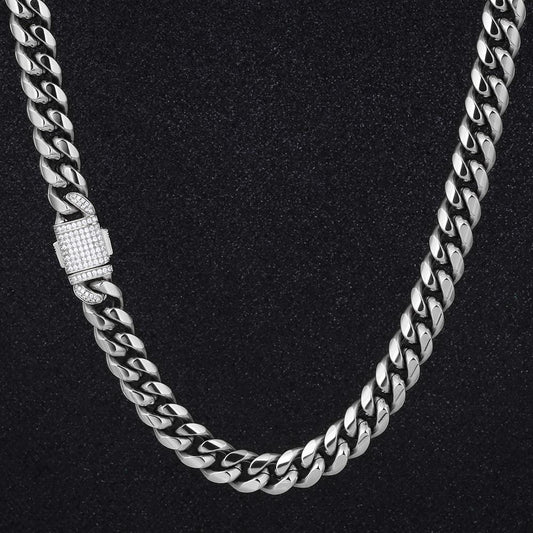 Wholesale Mens Miami Cuban Link Chain 12mm Iced Out Clasp in White Gold