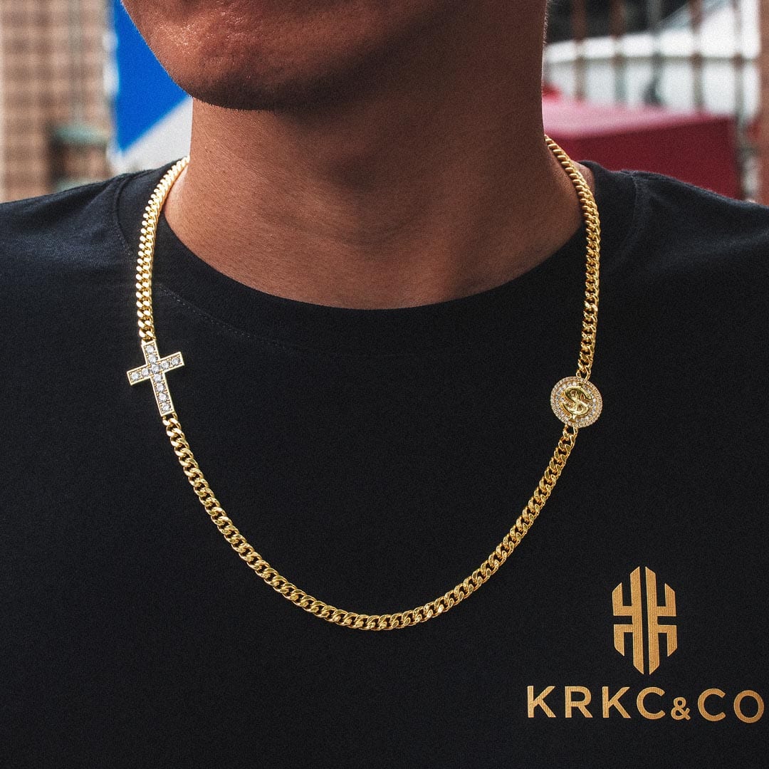 Wholesale Hip Hop Necklaces 5.5mm Sideway Cross Necklace Cross Dollar Coin Miami Cuban Link Necklace