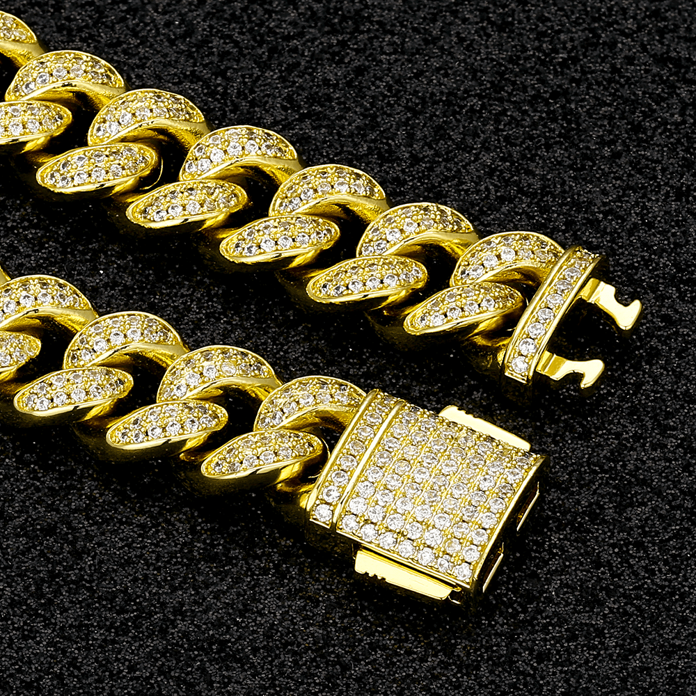 Wholesale KRKC 12mm Iced Out Miami Cuban Link Chain In 14K Gold With CZ Stone Zircon Buckle For Men