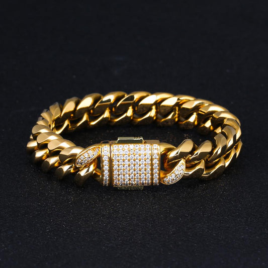 Wholesale Mens Miami Cuban Link Bracelet 12mm Iced Out in 18K Gold