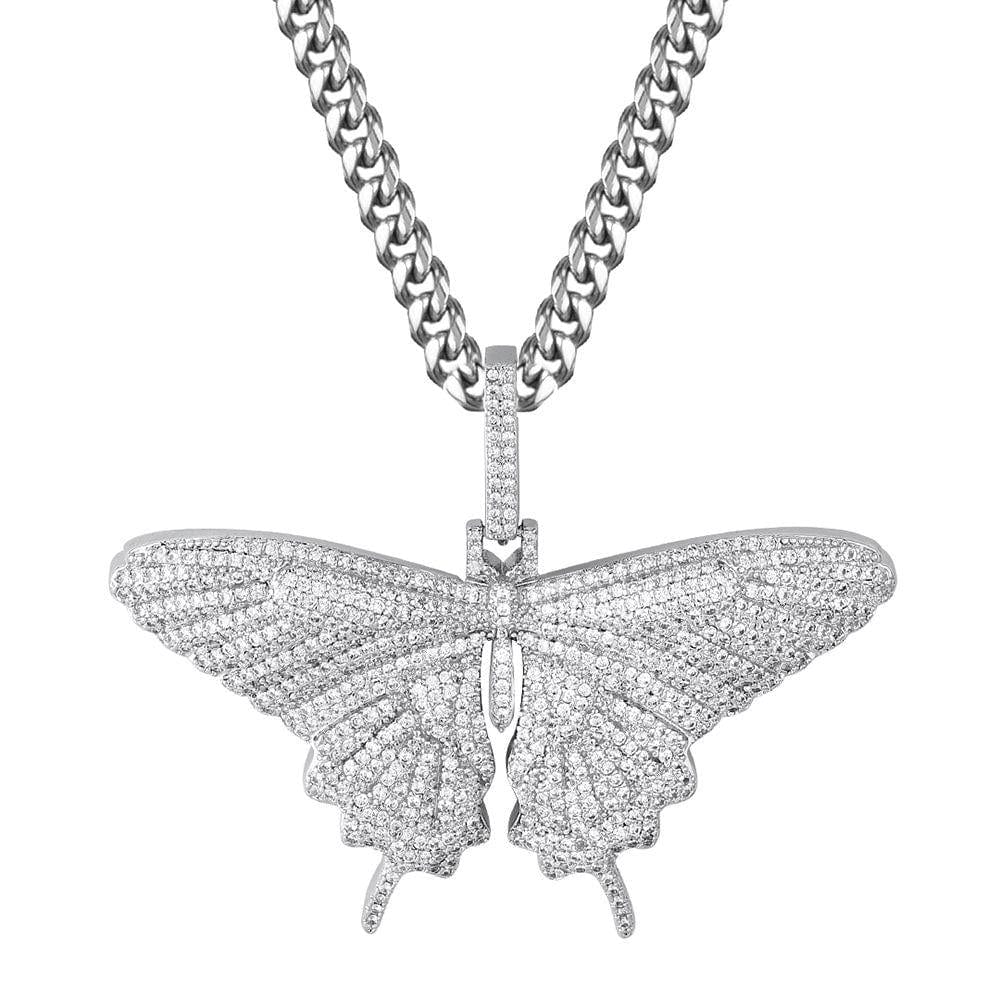 Wholesale Pendant Iced Out Cubic Zirconia Big Butterfly Pendant Necklace with 3mm Rope Chain in White Gold for Women