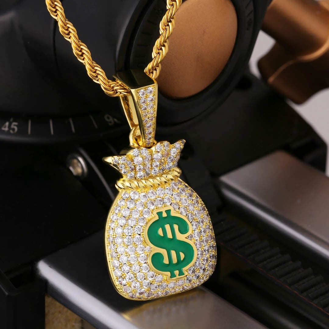 Wholesale Hip Hip Custom Pendants Mini Money Sign Charm Dollar Bag Necklace Pendant Necklace Iced Out 5A CZ Diamond Plated 14k Gold