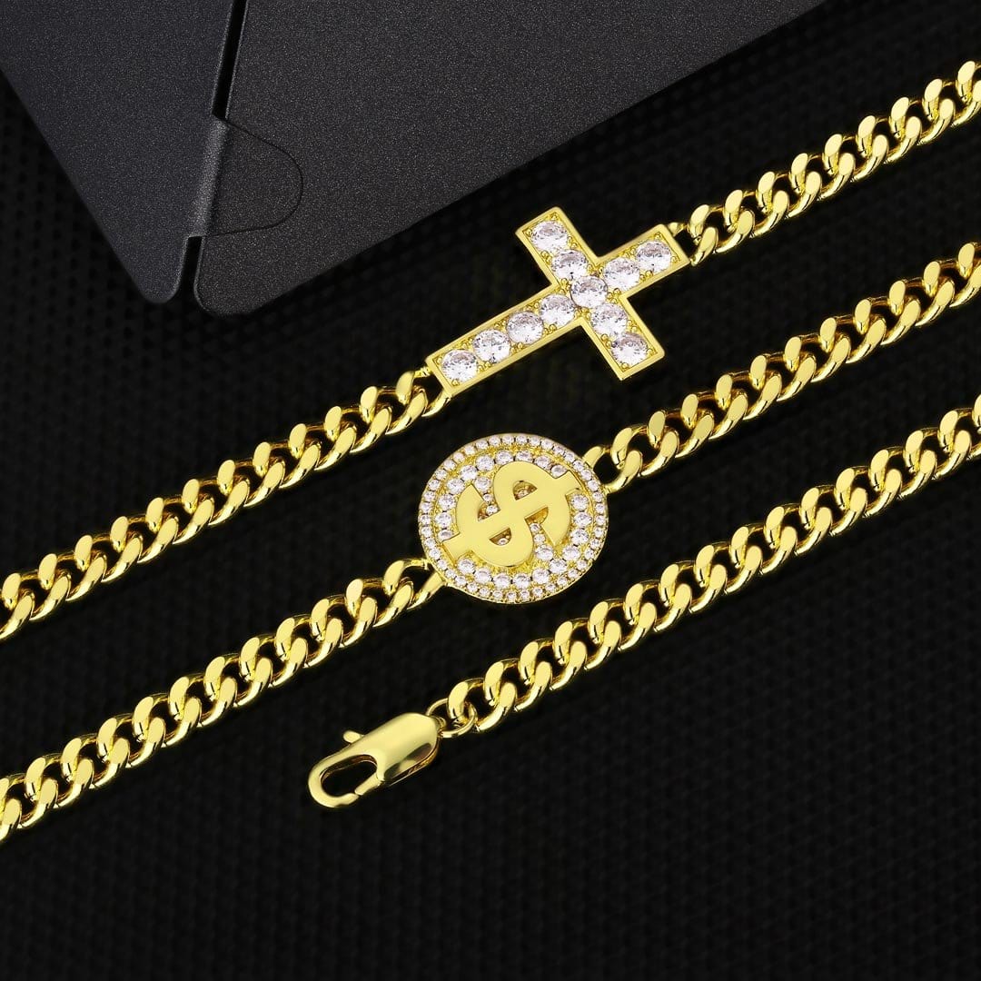 Wholesale Hip Hop Necklaces 5.5mm Sideway Cross Necklace Cross Dollar Coin Miami Cuban Link Necklace