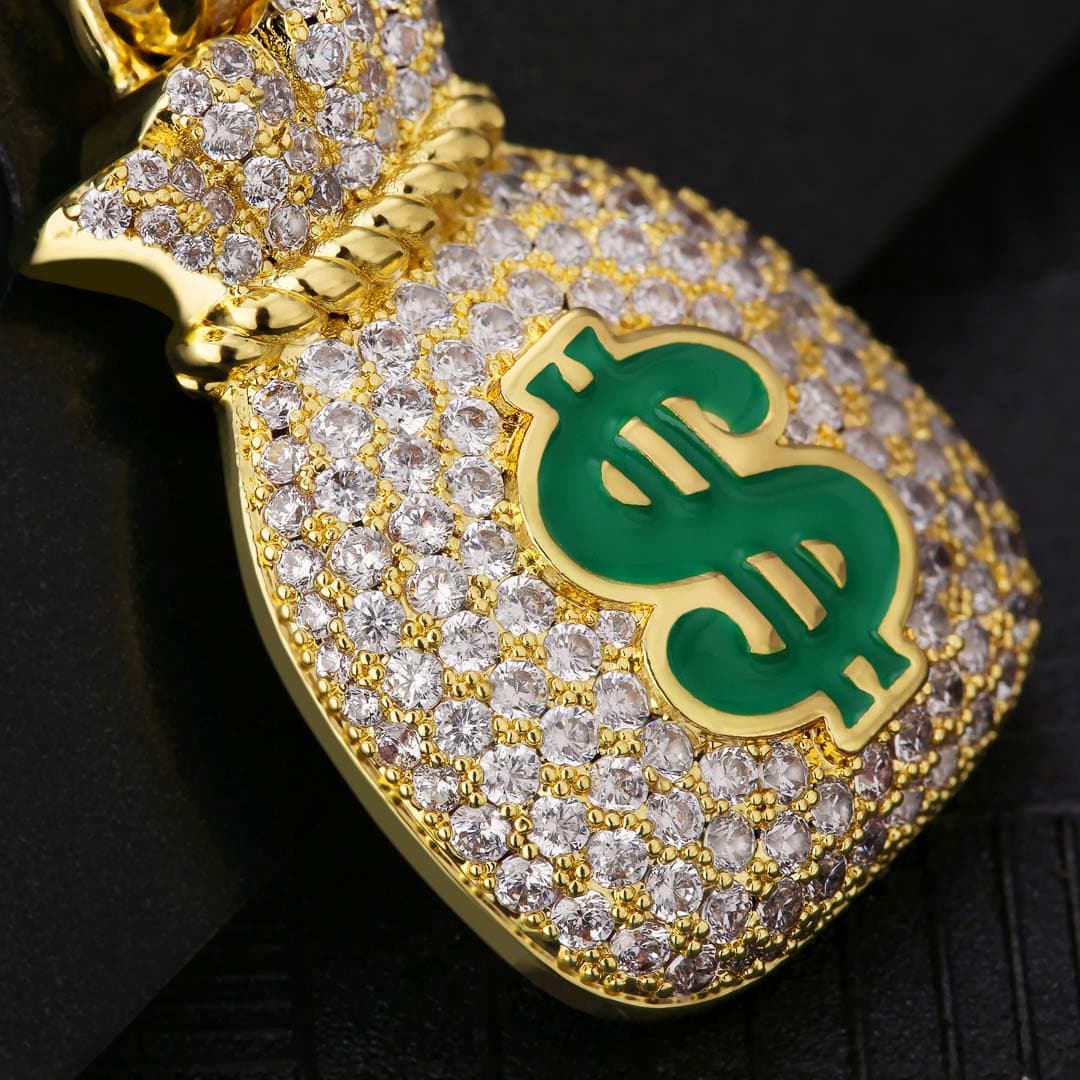 Wholesale Hip Hip Custom Pendants Mini Money Sign Charm Dollar Bag Necklace Pendant Necklace Iced Out 5A CZ Diamond Plated 14k Gold