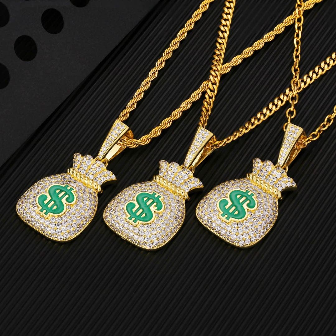 Wholesale Hip Hip Custom Pendants Mini Money Sign Charm Dollar Bag Necklace Pendant Necklace Iced Out 5A CZ Diamond Plated 14k Gold