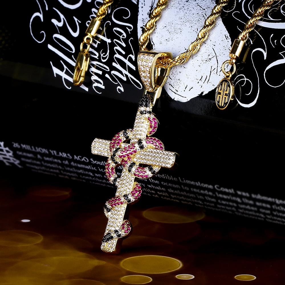 KRKC Iced Out Twisted Coral Snake Cross Necklace, 14K Gold Cross Pendant Hip Hop Jewelry Wholesale