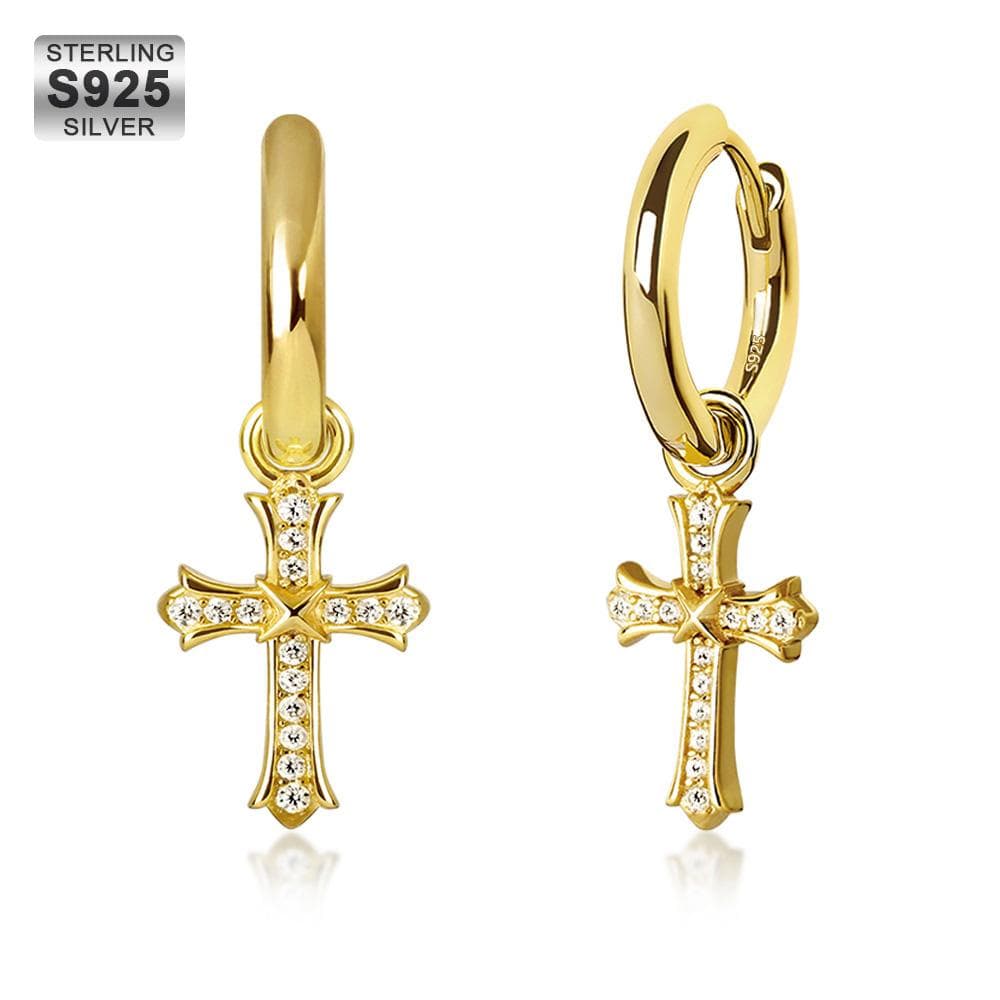 Wholesale Hip Hop Earrings 925 Sterling Silver Diamond CZ Iris Hoop Dangle Cross Men's Earrings Plated 14K Gold