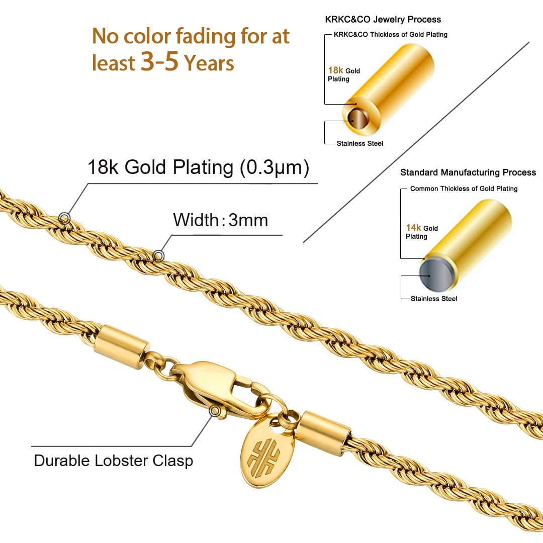 Wholesale Rope Chain 2.5mm Stainless steel with 18k gold plating