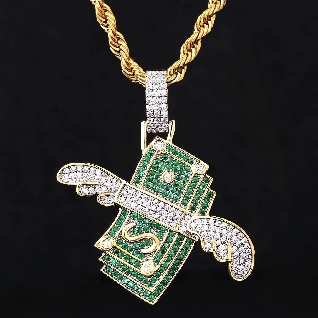 Wholesale Hip Hip Custom Pendants 100 Hundred Dollar Stack Wing Charm Pendant Necklace Iced Out 5A CZ Diamond