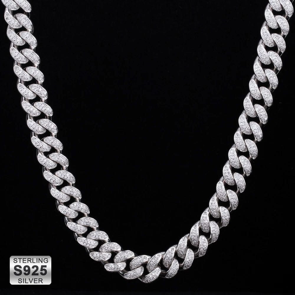 S925 Sterling Silver Iced Out Cuban Link Necklace 12mm  in White Gold