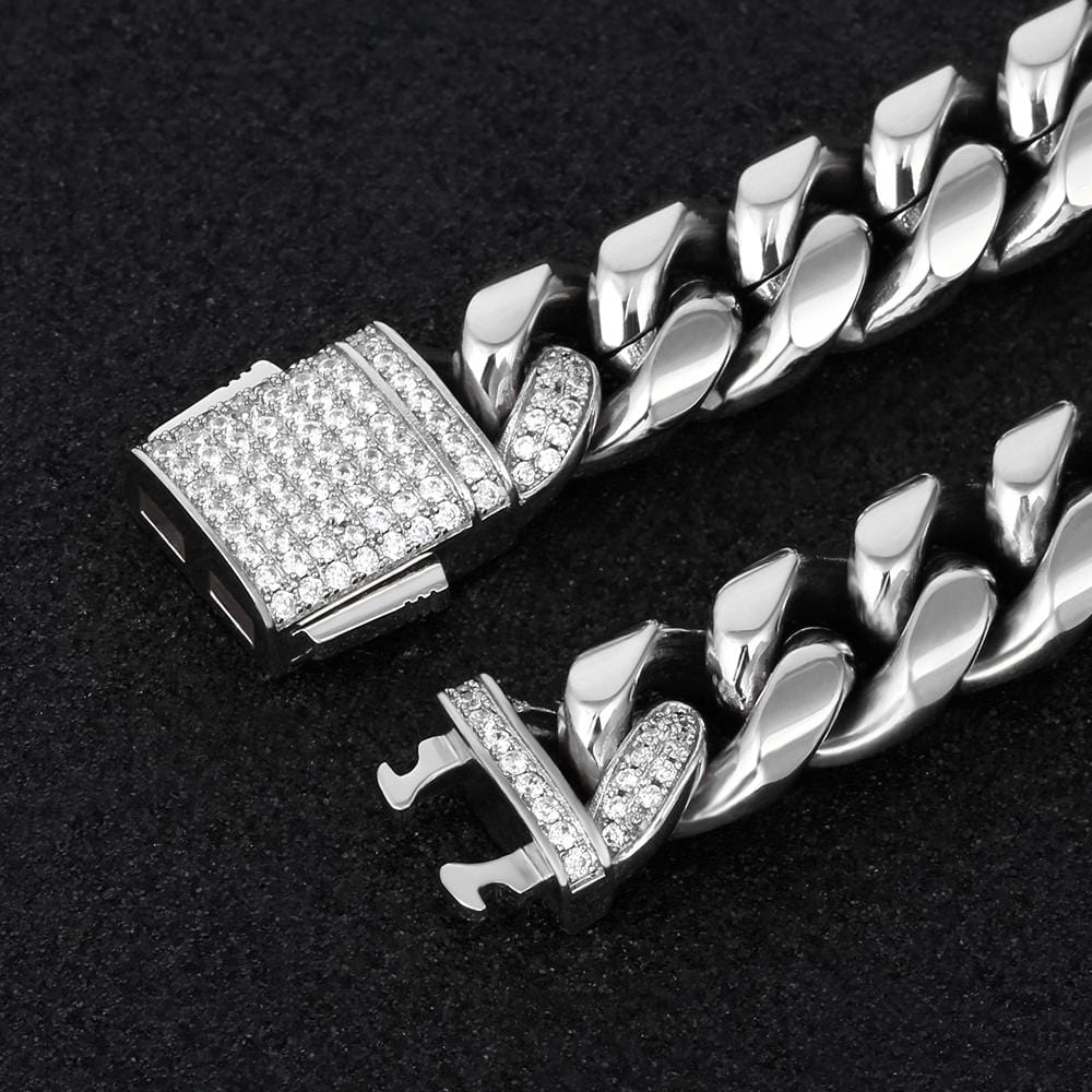 Wholesale Mens Miami Cuban Link Chain 12mm Iced Out Clasp in White Gold