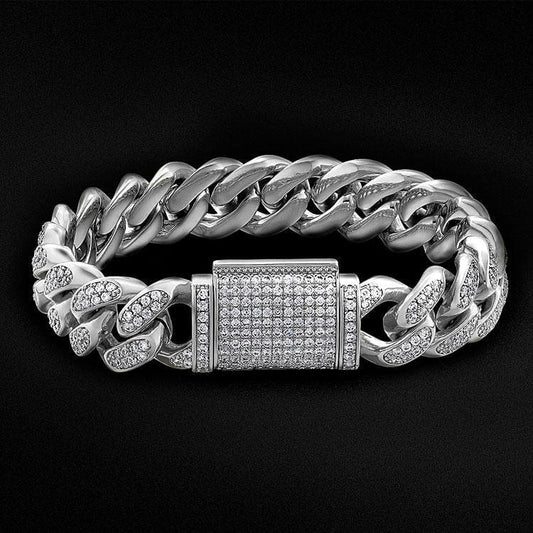 Wholesale 12mm Box Clasp Iced Out Mens Cuban Link Bracelet in White Gold