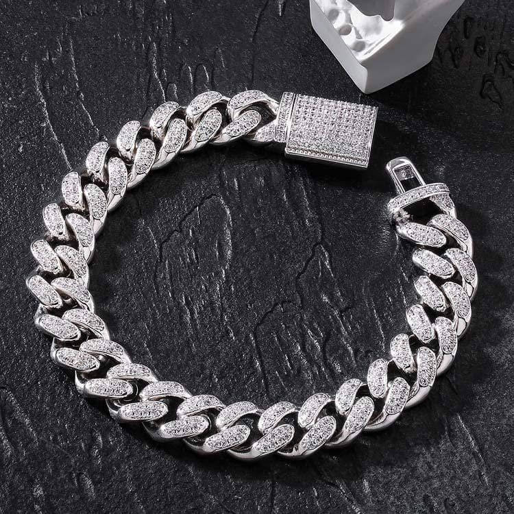 Wholesale 12mm Box Clasp Iced Out Mens Cuban Link Bracelet in White Gold