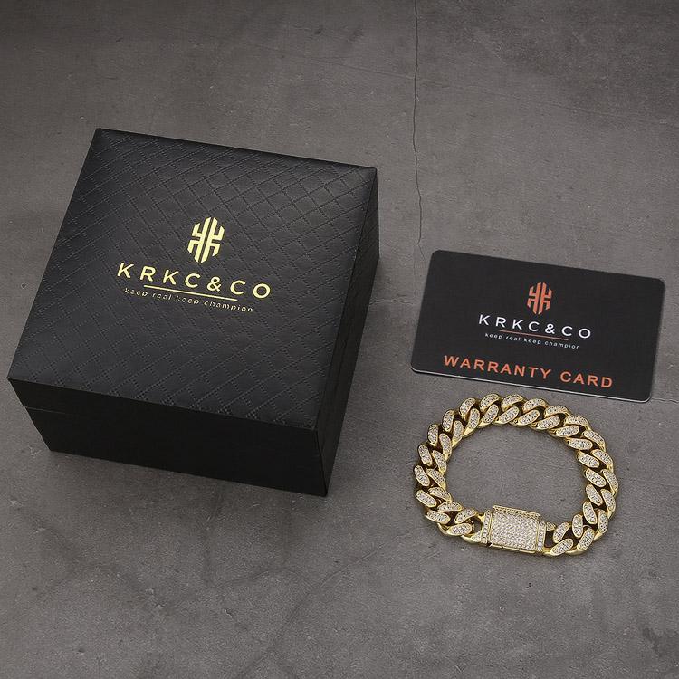 Wholesale KRKC 12mm Box Clasp Iced Out Mens Cuban Link Bracelet in 14K Gold