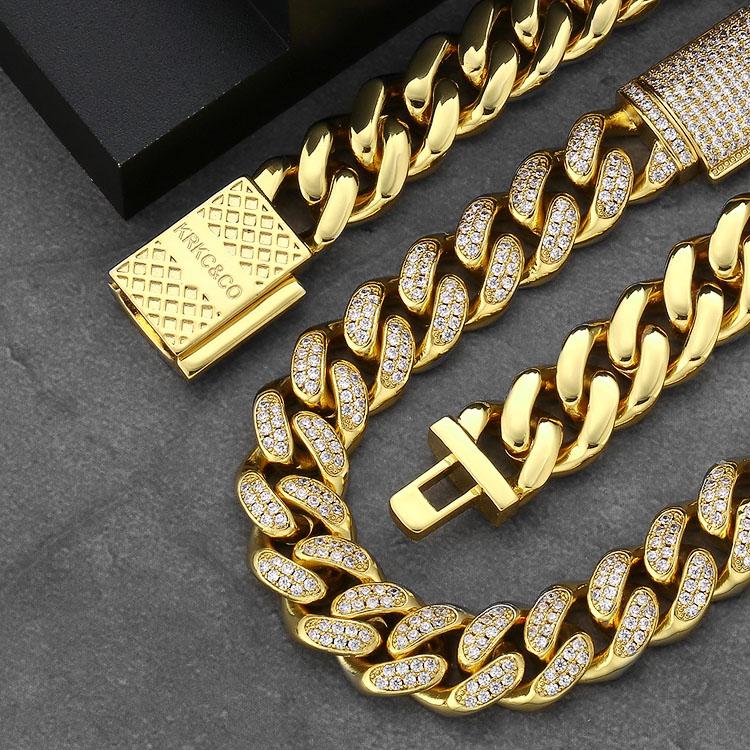 Wholesale KRKC 12mm Box Clasp Iced Out Mens Cuban Link Bracelet in 14K Gold