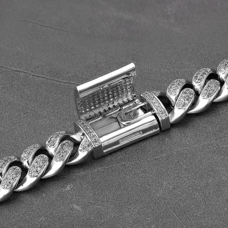 Wholesale 12mm Box Clasp Iced Out Mens Cuban Link Bracelet in White Gold