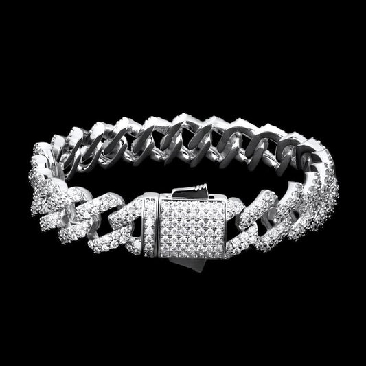 Wholesale KRKC 12mm Iced Out Prong Link Mens Cuban Link Bracelet in White Gold