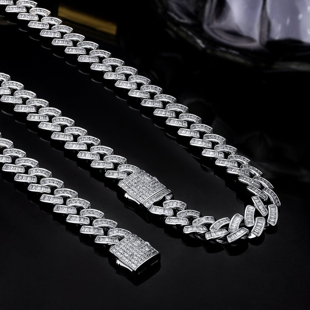 Wholesale KRKC 12mm Baguette CZ Cuban Link Chain in White Gold