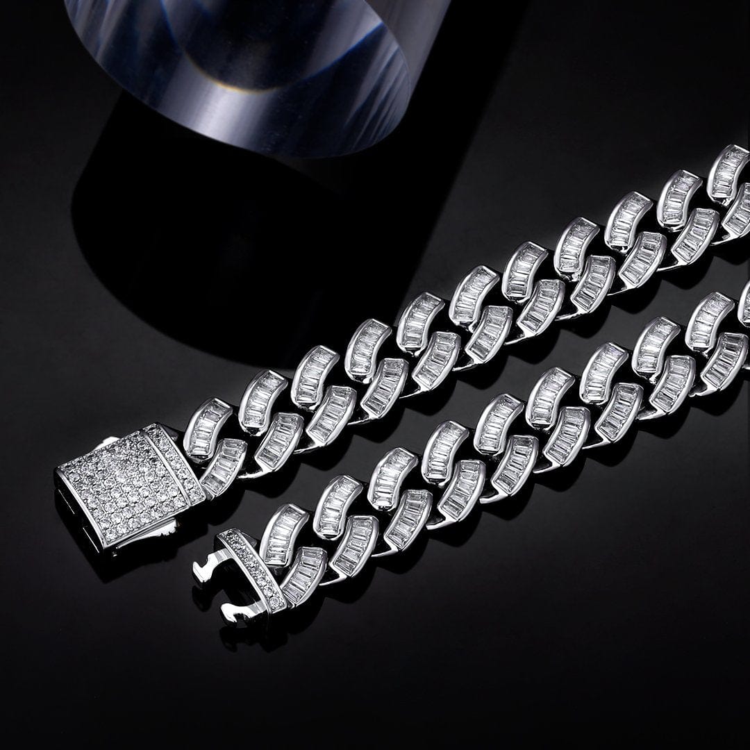 Wholesale KRKC 12mm Baguette CZ Cuban Link Chain in White Gold