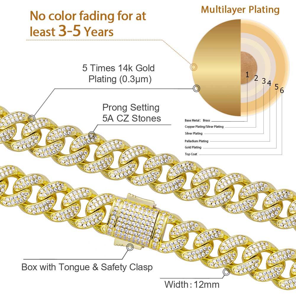 Wholesale KRKC 12mm Iced Out Mens Cuban Link Bracelet in 14K Gold