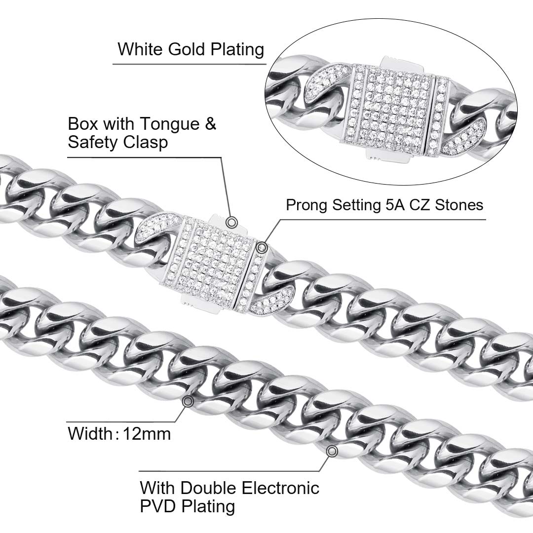 Wholesale Mens Miami Cuban Link Bracelet 12mm Iced Out in White Gold