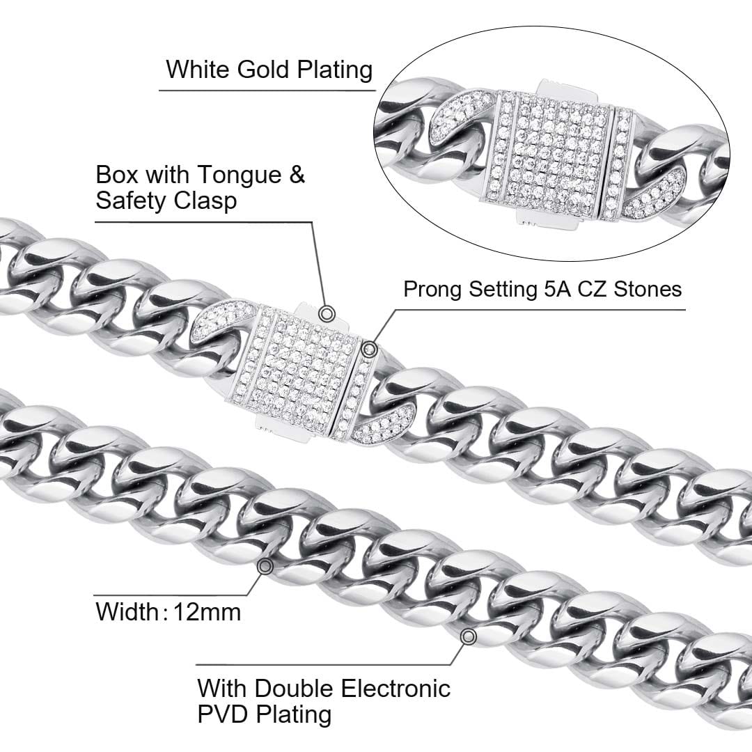 Wholesale Mens Miami Cuban Link Chain 12mm Iced Out Clasp in White Gold