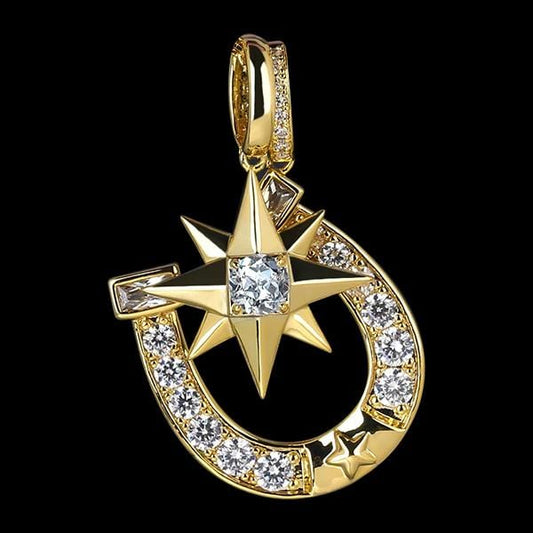 Wholesale Hip Hip Custom Pendants Iced Six-Point Star Horseshoe Necklace Pendant Plated 14k Gold