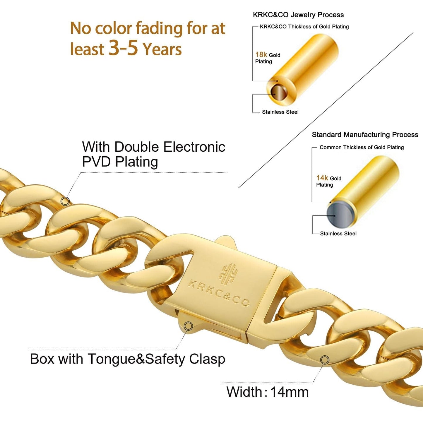 Wholesale Men Cuban Chains Curb Chain Necklace with Hook Buckle Clasp Stainless Steel 14mm in White Gold/18K Gold