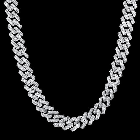 Wholesale KRKC 15mm Iced Out Prong Link Mens Cuban Choker Chain in White Gold