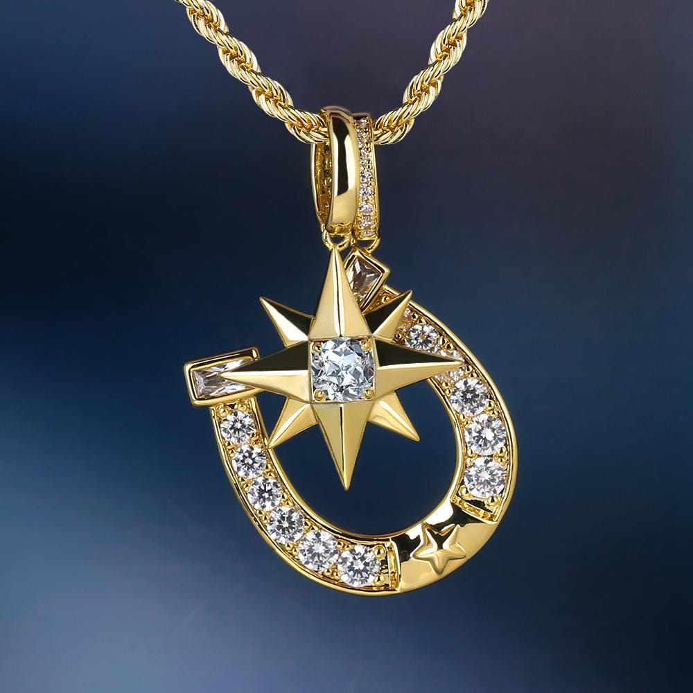 Wholesale Hip Hip Custom Pendants Iced Six-Point Star Horseshoe Necklace Pendant Plated 14k Gold