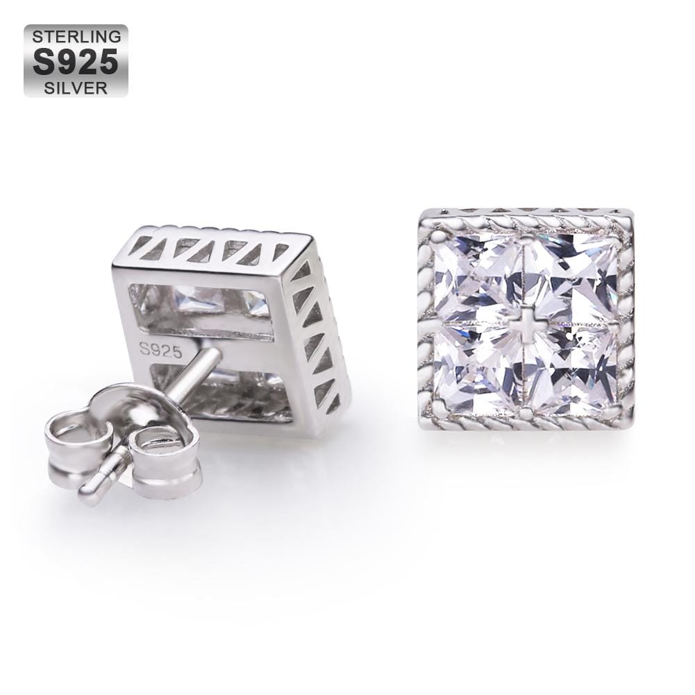 Wholesale 925 Sterling Silver Stud Earrings Hip Hop Earrings Princess Cut Diamond CZ Square Stud Men's Earrings