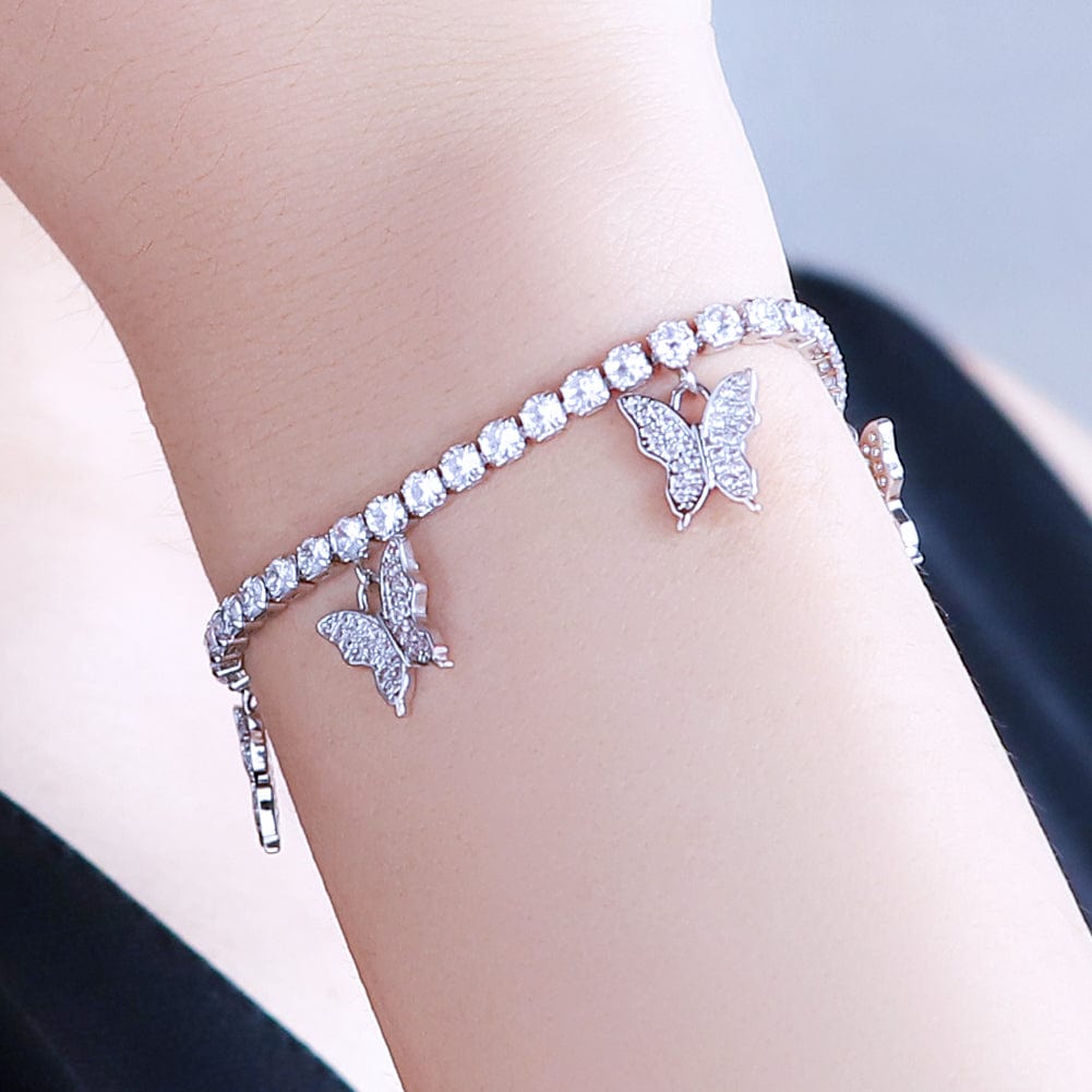 Wholesale Hip Hop Bracelets 2021 Butterfly Tennis Bracelet With CZ Diamond Plated Silver Pink Gold For Women