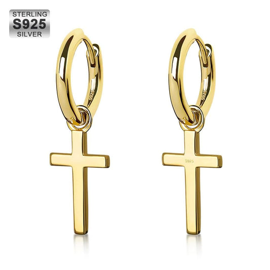 Wholesale Hip Hop Earrings 925 Sterling Silver Hoop Dangle Cross Earrings Plated 14k Gold