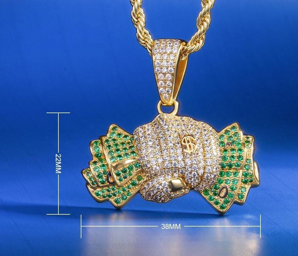 Wholesale Hip Hip Custom Pendants Holding Dollars Necklace Pendant Iced Out Green CZ Diamond Plated 14K Gold